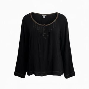 J. Jill Crinkle Quarter Button Rayon Raglan Long Sleeve Blouse Black Small